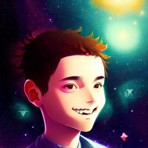 Image similar to The beginning of time, portrait of a beautiful young man, dressed in stars and planets, extreme hyper detail, dramatic, fantasy lighting, matte print, digital art, cute smile, beautiful eyes, digital painting, fan art, pixiv, elegant, Ilya Kuvshinov style, Studio Ghibli