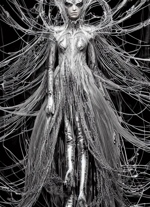 Image similar to walking down the catwalk, ben watts, show, stage, vogue photo, podium, fashion show photo, historical baroque dress dark, iris van herpen, beautiful woman, masterpiece, intricate, biopunk, vogue, full body shot, alien, plant predator, guyver, giger, wires, tubes, veins, jellyfish, white biomechanical details, highly detailed