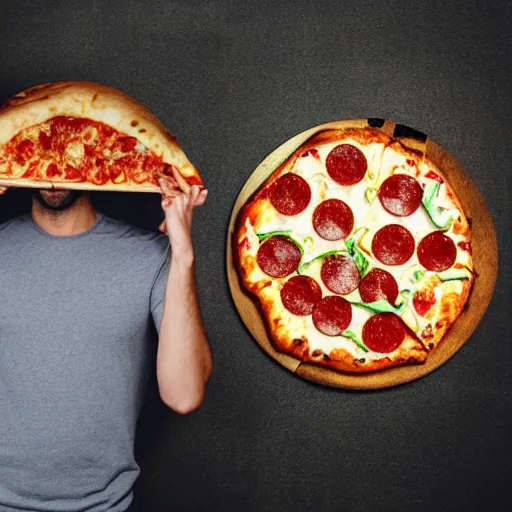 Prompt: a man wearing a pizza as hat