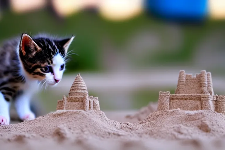 Prompt: a kitten touching a completed sand castle