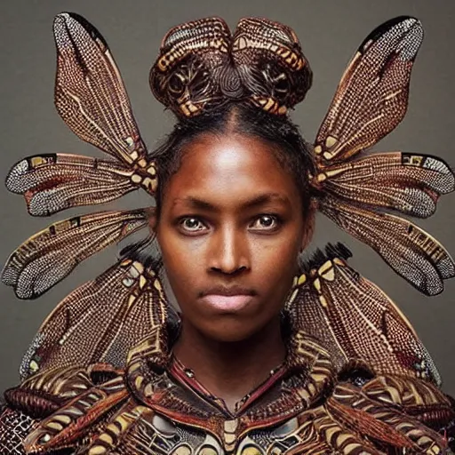 Image similar to “ brown woman wearing a dragonfly armor. intricate. super detailed. award winning. ”