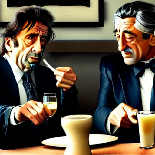 Image similar to movie still of the dinner scene in Heat, rendering of al pacino and robert de niro as old men, cinematic,