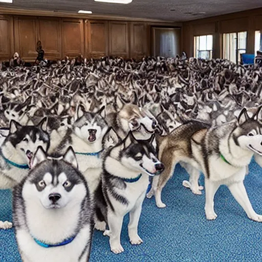 Image similar to a room filled with hundreds of huskies