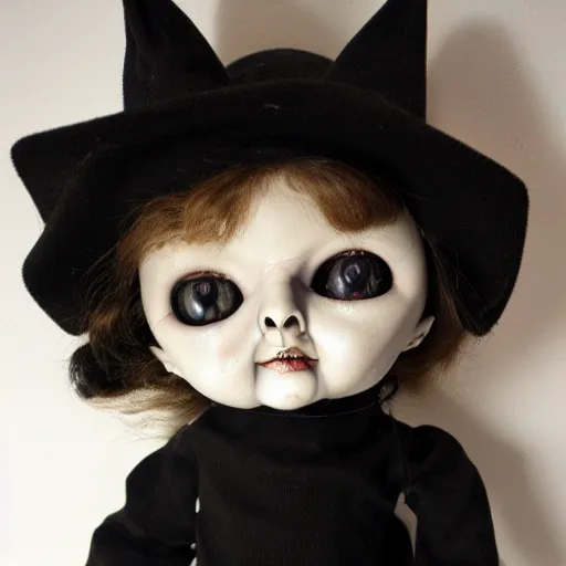 Prompt: creepy doll cursed witchcraft black eyes toy lucian freud dark black background doll satanic blood