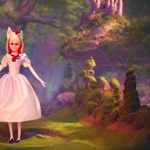 Image similar to beautiful alice full body doll figurine infront of castle, alice in wonderland theme, disney inspired, octane render, 8 k, ultra realistic, hd, cinematic lighting, fantasy landscape, artstation