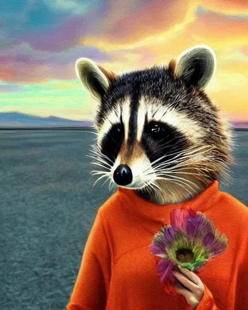 Image similar to closeup portrait beautiful female anthropomorphic raccoon wearing a dress on salt flats holding a flower, surreal photography, sunrise, dramatic light, impressionist painting, colorful clouds, digital painting, artstation, simon stalenhag