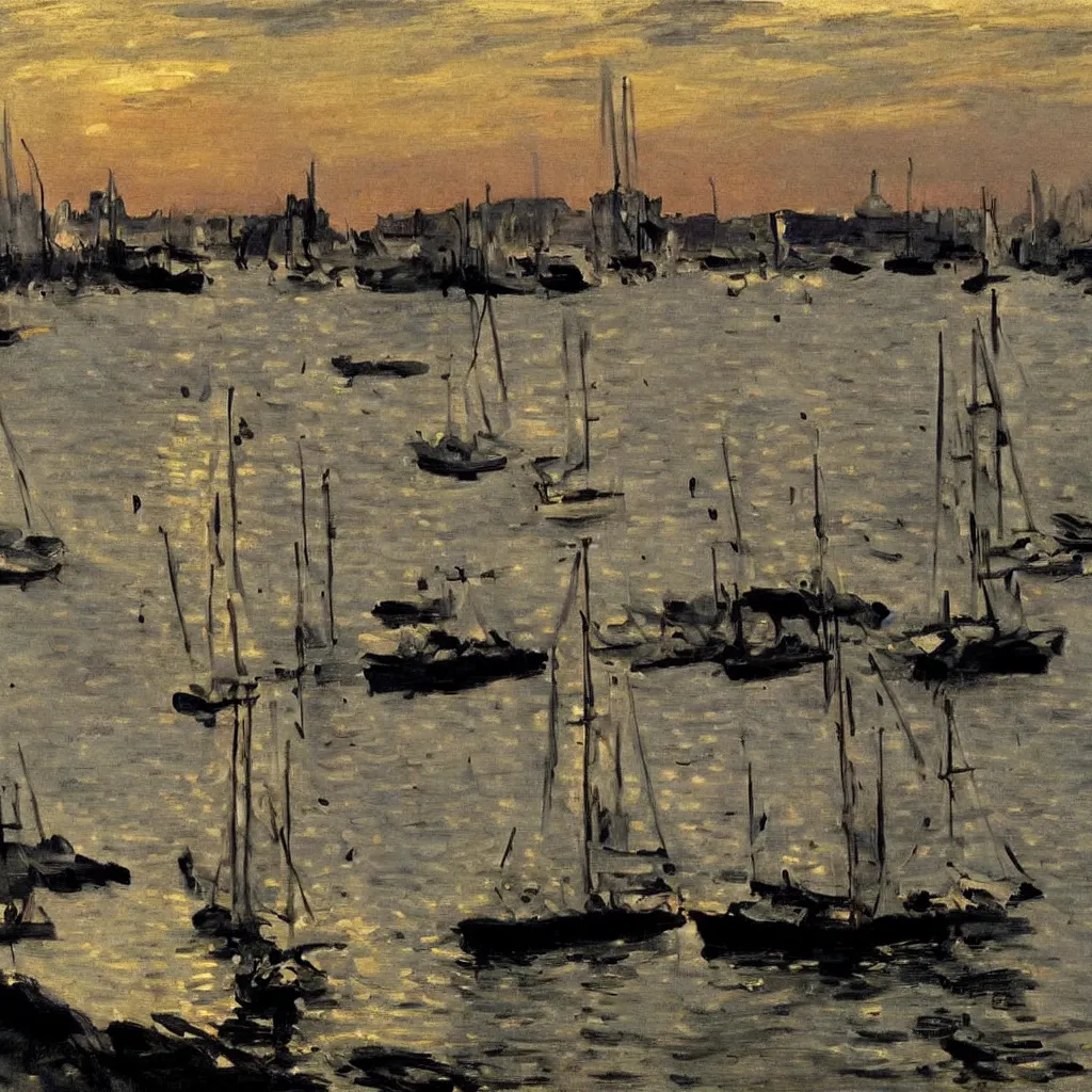 Prompt: dusk Harbour, painting by Manet