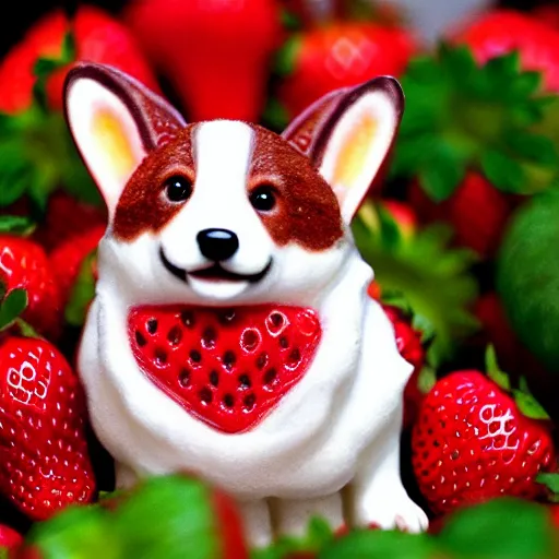 Image similar to corgi made of strawberry, corgi crossed with a strawberry : ornate, dynamic, particulate, intricate, elegant, highly detailed, centered, artstation, smooth, sharp focus, octane render