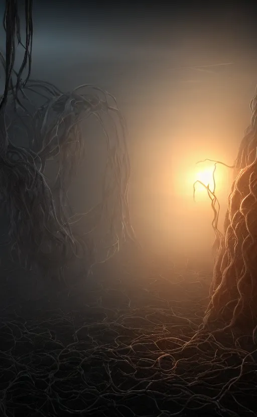 Image similar to the tendrils of a dormant god extending up into the sky, volumetric lighting, unreal engine 5, harrowing apocalyptic atmosphere, photorealistic, unnerving, hyperdetailed 3d matte painting, hyperrealism, hyperrealistic, cinematic masterpiece, fantasy horror style 8k ultrahd octane render