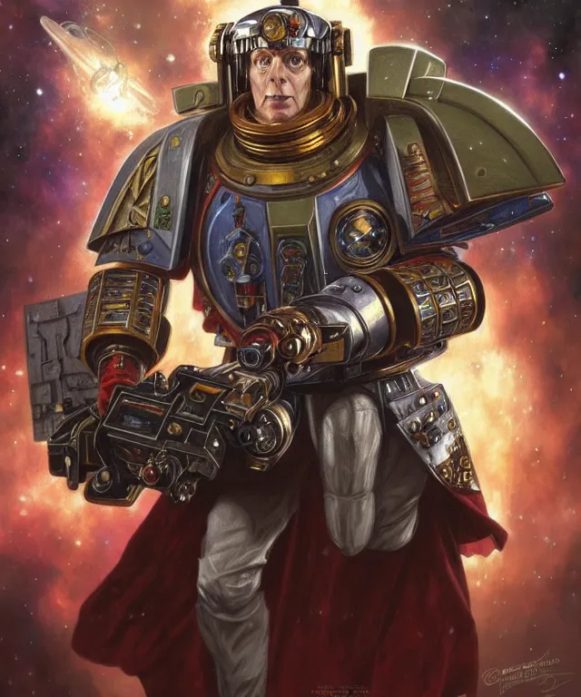 Image similar to Tom Baker Doctor Who as Warhammer 40k Space Marine, portrait, fantasy, intricate, elegant, highly detailed, digital painting, artstation, concept art, smooth, sharp focus, illustration, art by artgerm and greg rutkowski and alphonse mucha