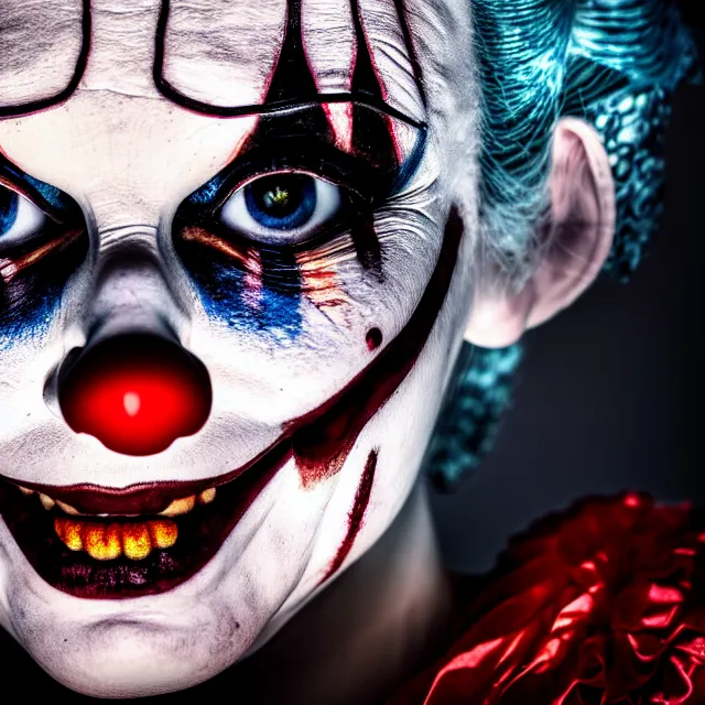 Image similar to photo of a beautiful creepy female killer clown, highly detailed, 8 k, hdr, close up, smooth, sharp focus, high resolution, award - winning photo