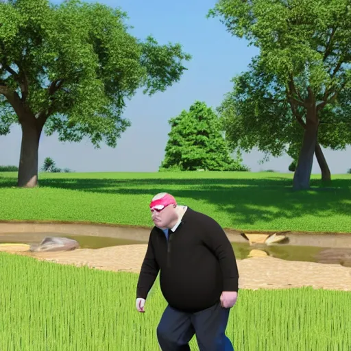 Prompt: a slightly overweight male pastor, walking by a pond, eating a sandwich, 3d render, cinematic shot, hyper realistic