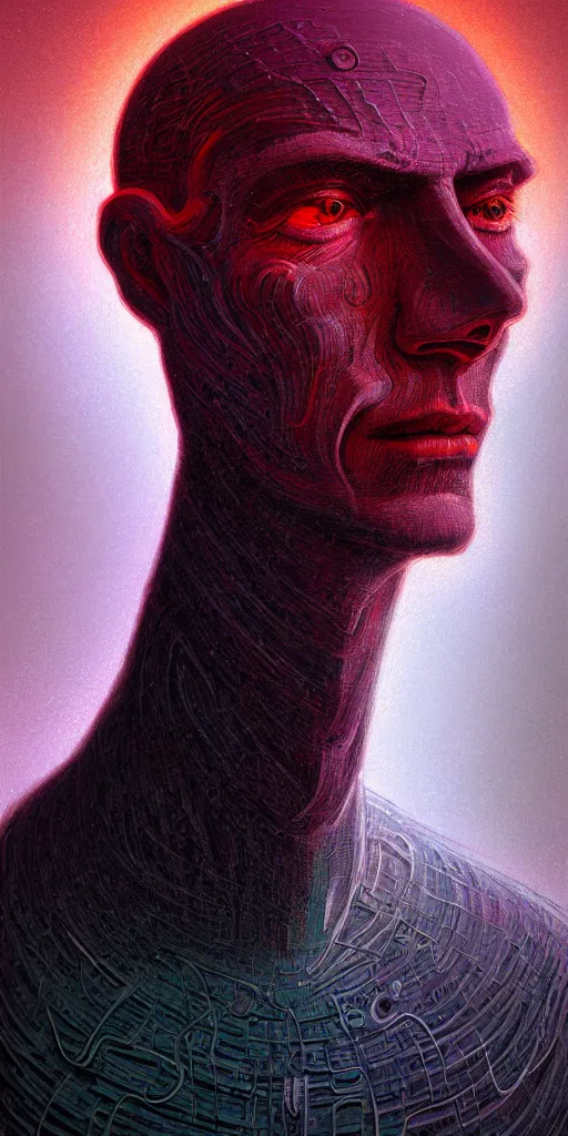 Image similar to scifi character portrait of man in the style of android jones and zdzislaw beksinski, 1 / 4 headshot.