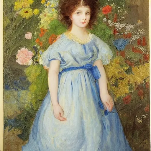 Image similar to beautiful girl, with flowers in her hand and a blue dress, Anderson Sophie