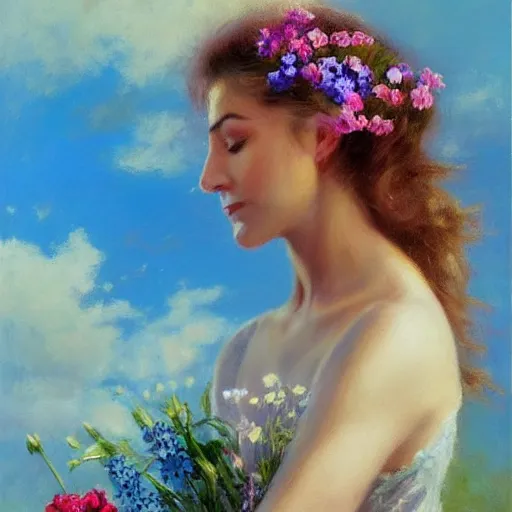 Image similar to a portrait of a romantic woman with flowers grow out of hair, roses peonies forget-me-nots dahlias lupins gladioli, sky theme in background, by Alexandr Averin, Digital Art, Trending on artstation