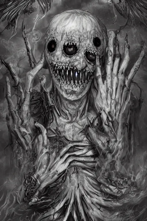 Image similar to a cursed ghoul covering its face while surrounded by spirits, mixed media, digital art, trending on artstation, 8k, epic composition, highly detailed, AAA graphics