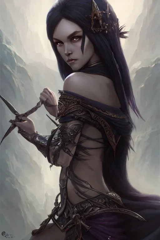 Image similar to dark elf princess, highly detailed, d & d, fantasy, highly detailed, digital painting, trending on artstation, concept art, sharp focus, illustration, art by artgerm and greg rutkowski and fuji choko and viktoria gavrilenko and hoang lap