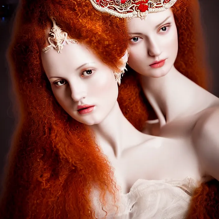 Image similar to photo portrait of a beautiful woman like a queen-ethereal-angel, dressed in long elegant intricate ornamental baroque white dress, natural skin tone, intricate fractal highly detailed baroque ornament in the upper side of breast, bust with a very long neck , elegant, highly detailed intricate baroque ornament in her red hair, Realistic, Refined, Highly Detailed, Cinematic Lighting, fine art photography by Paolo Roversi, volumetric studio lighting, hyper realistic photography