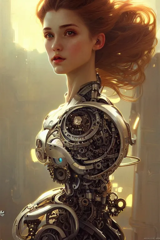 Prompt: beautiful female mechanical android!, half portrait, 3 / 4 pose, intricate detailed environment, photorealistic!, floro details, intricate, elegant, highly detailed, digital painting, artstation, concept art, smooth, sharp focus, illustration, art by artgerm and greg rutkowski and alphonse mucha