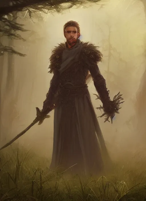 Image similar to A fantasy portrait painting of a male mage on a misty forest meadow, DAZ, hyperrealistic, ambient light, dynamic light, trending on artstation, d&d, RPG portrait