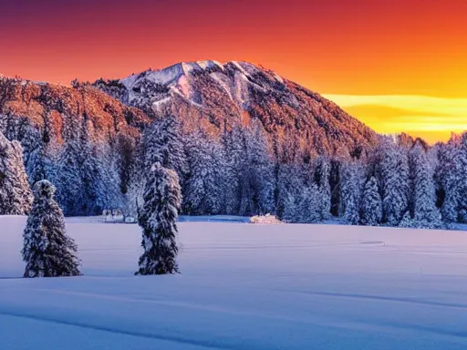 Image similar to a calm, soothing and cozy landscape, snowy mountains, sunset, panorama view, 4 k