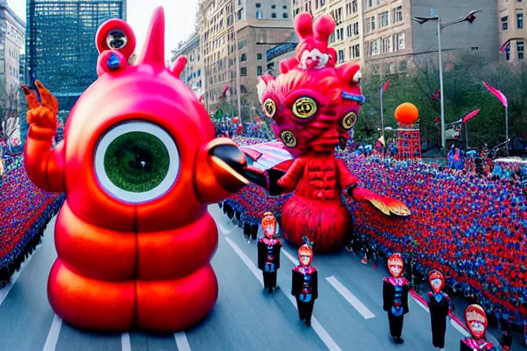 Image similar to photo of giant cute elaborate parade float character designed by ( ( ( ( ( ( ( ( giger ) ) ) ) ) ) ) ) and wes anderson!!!!!!!!!!!!!!, in the macys parade, detailed 4 k photo,