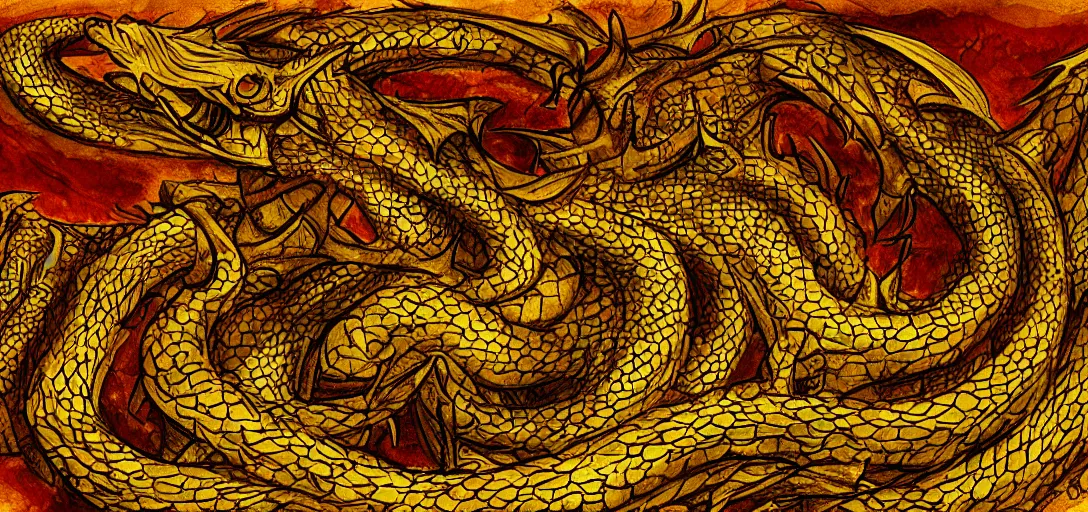 Prompt: Smaug the Dragon's horde of gold, digital painting