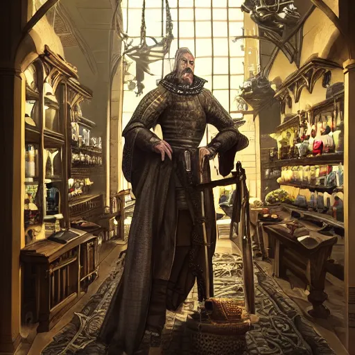 Prompt: full body artwork of Dennis hopper as a devious medieval lord standing on the right inside a big medieval Shop with tall windowpane, shelves full of medieval goods, morning light, trending on artstation, style of peter mohrbacher, unreal engine, octane render, intricate details, 8k high definition, beauriful, ornate, hyperrealistic