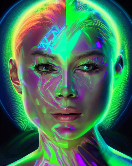 Prompt: a powerful energy psychedelic holographic matrix woman, by alexander fedosav, hyper detailed digital matte painting, concept art, hyperrealism, 1 6 k resolution, cinema 4 d, 8 k resolution, trending on artstation, behance hd, a masterpiece, by stephan martiniere, particles, cel - shaded, power bright neon energy, by david a. hardy,