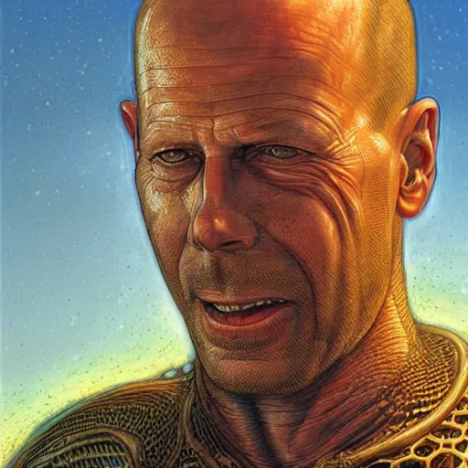 Prompt: bruce willis as a sci - fi alien hunter, hyperdetailed, golden and blue hour, art by peter gric