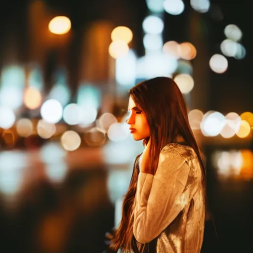 Image similar to award winning photo of a pretty young woman gazing into the distance longingly, she is in the rain at night surrounded by neon lights, bokeh, 5 0 mm, f 1. 8