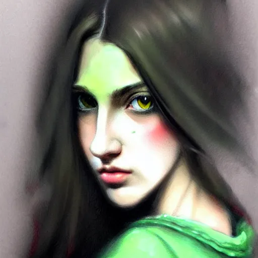 Prompt: a realistic illustration portrait of a beautiful cute girl with wavy black red shoulder - long hair, a pointy nose and, round chin black eyeliner and green pupills, in a garden, trending on artstation, hyper - realistic lighting, intricate by casey baugh