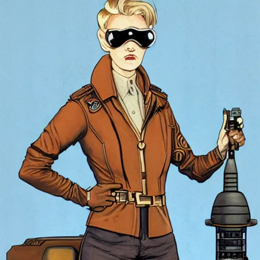 Prompt: character concept art of heroic square - jawed emotionless serious blonde butch woman aviator, with dark brass victorian goggles, very short butch slicked - back hair, wearing brown leather jacket, standing in front of small spacecraft, alien 1 9 7 9, illustration, science fiction, retrofuture, highly detailed, colorful, graphic, ron cobb, mike mignogna
