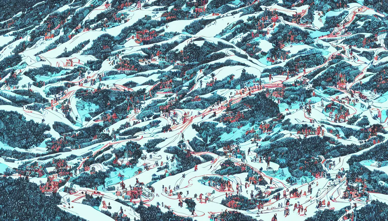 Prompt: ski slopes, chinese ink brush, yukio - e, kilian eng, victo ngai, josan gonzalez