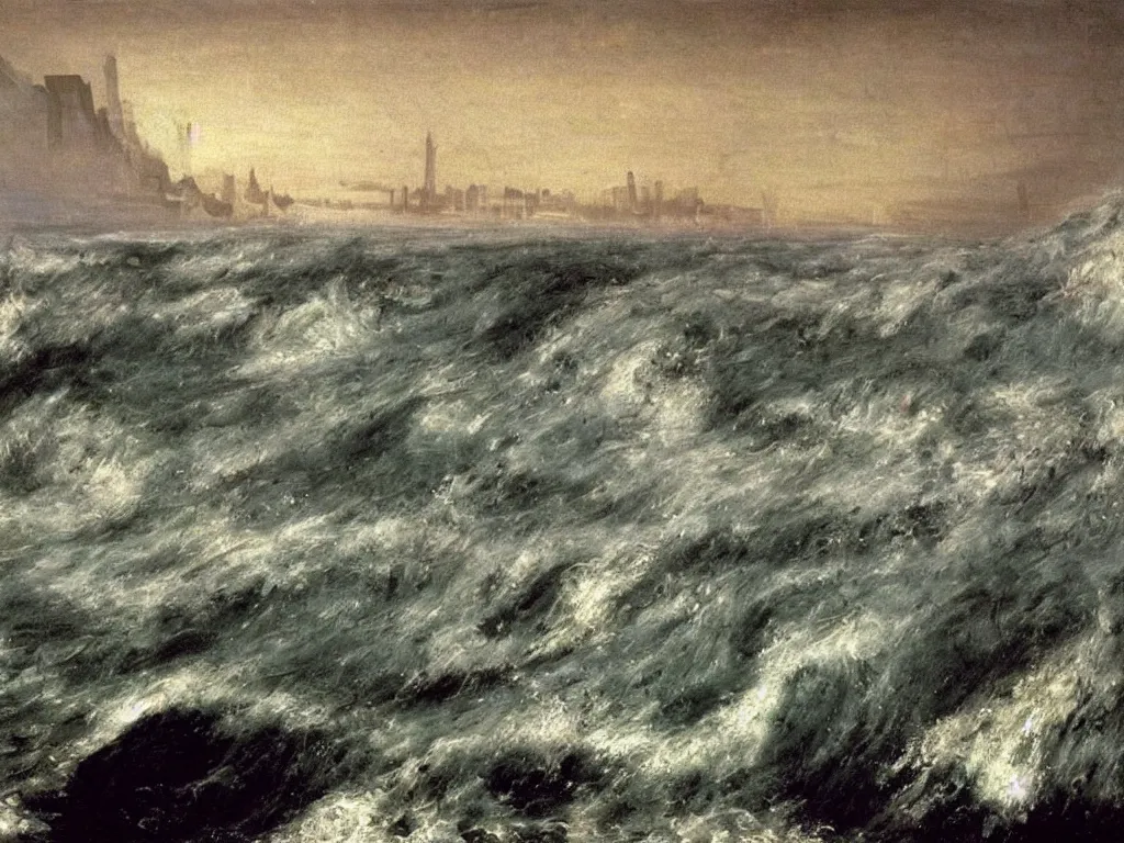 Prompt: Ocean flooding the brutalist metropolis. Wave. Painting by Arnold Bocklin, Yves Tanguy.