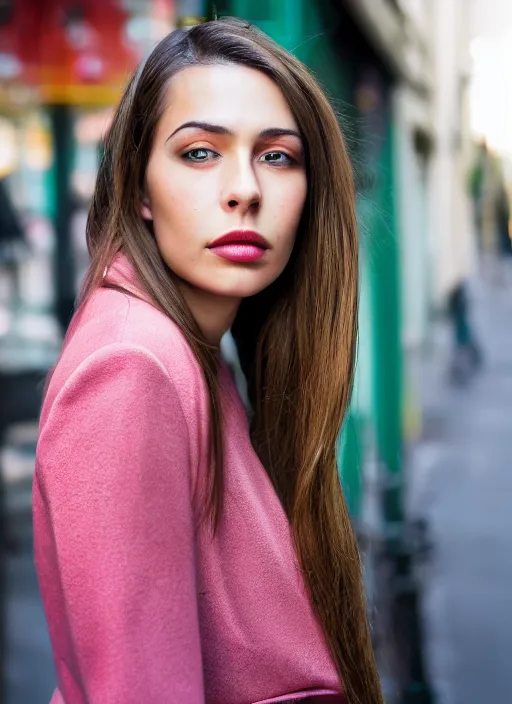 Prompt: color Close-up portrait of a beautiful, stylish, 30-year-old French woman street background, with long, straight hair, street portrait in the style of Mario Testino award winning, Sony a7R