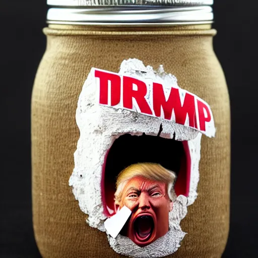 Prompt: donald trumps screaming head contained in a mason jar