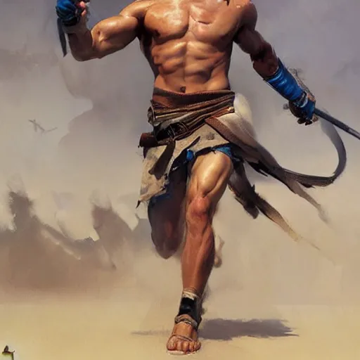 Prompt: young warrior marching toward the viewer, male, muscular, blue eyes!!!!, straight nose!!!, detailed face, exposed thighs!!!, highly detailed, painting by greg rutkowski