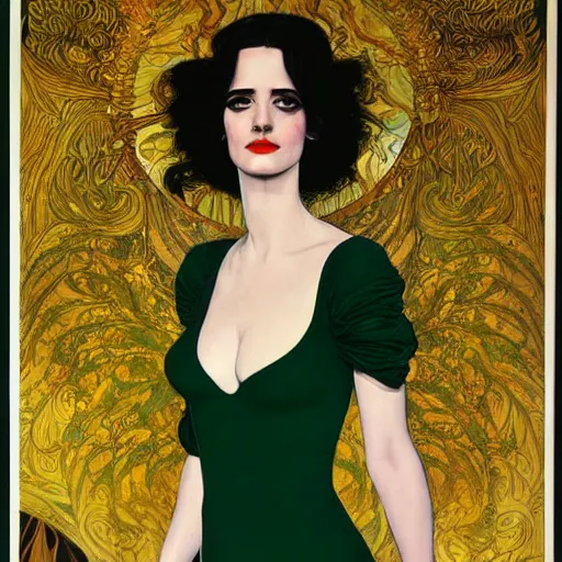 Image similar to portrait by joshua middleton of the young actress, eva green as queen of the emerald dead, vamp, elegant, decadent, stylised comic art, klimt, mucha, 1 9 7 0 s poster,