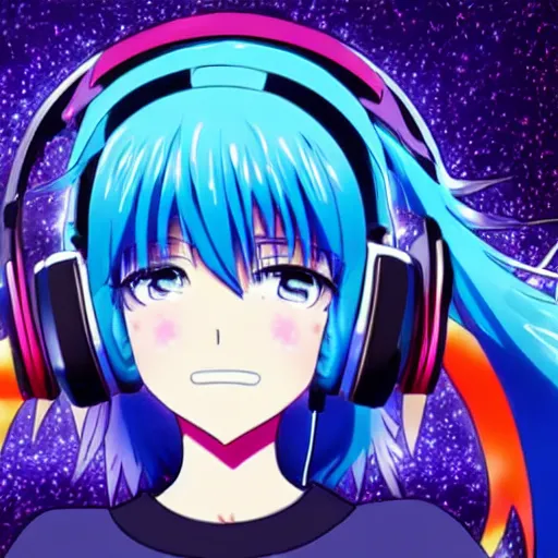 Image similar to Anime key visual of a beautiful girl with blue hair and blue eyes wearing headphones with galaxy background, official media, 4k, very beautiful