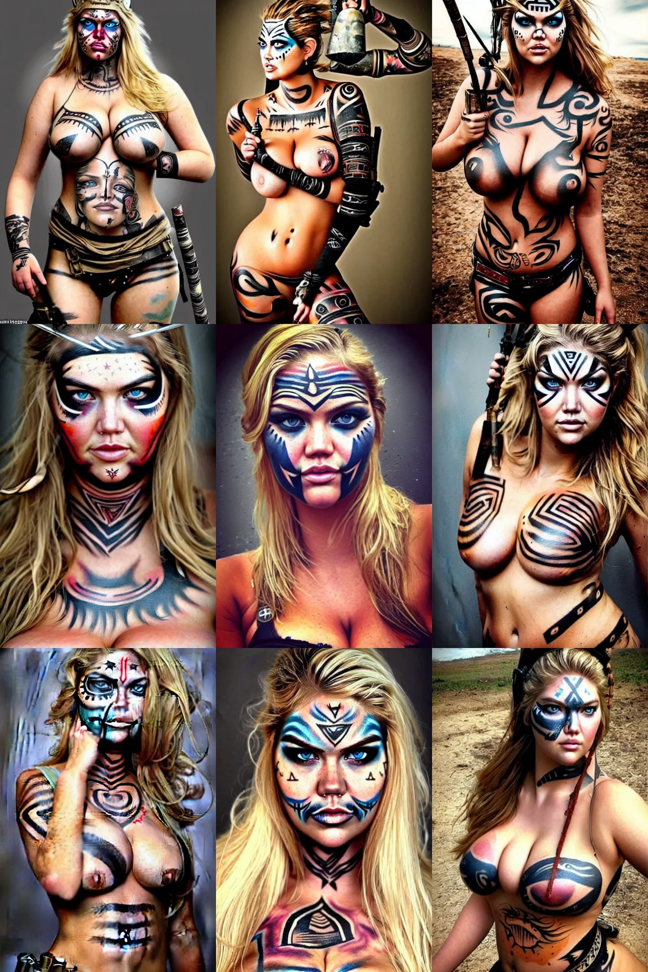 Prompt: gorgeous!! hyper - realistic woman resembling kate upton as a post - apocalyptic warrior girl with tattoos & tribal face paint