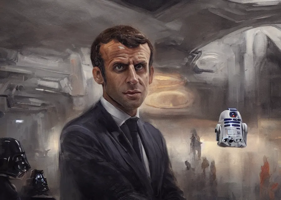 Prompt: painting of Emmanuel Macron dressed as a senator in Star Wars,(((( inside the galactic senate)))), sharp focus, trending on ArtStation, masterpiece, by Greg Rutkowski, by Ross Tran, by Fenghua Zhong, octane, clear eyes, soft render, clear facial features, oil on canvas, moody lighting, cinematic, professional environment concept art