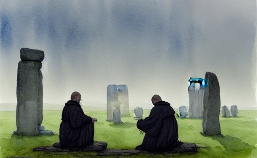 Image similar to a hyperrealist watercolour character concept art portrait of one small grey medieval monk kneeling down in prayer in front of a complete stonehenge monument on a misty night. a huge stone is floating above stonehenge. by rebecca guay, michael kaluta, charles vess and jean moebius giraud