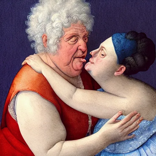 Image similar to of a very funny renaissance style watercolor painting of a sweet fat old woman kissing her reflection. symmetrical face, red mouth, blue eyes. a flowered dress. a hyper - realistic scene. 3 d, octane processing, deep focus, white scene. a very funny and sweet picture. unreal engine. watercolor. fellini cinematic style. poster quality. freud painting style.