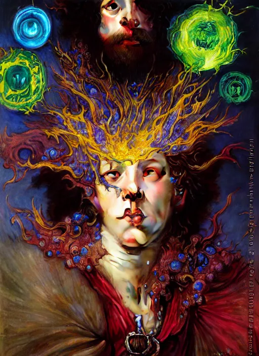 Image similar to wizard casting acid splash, dnd character art portrait, intricate fantasy painting, dramatic lighting, vivid colors by edgar maxence and caravaggio and michael whelan and delacroix.