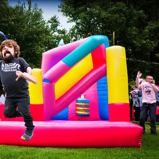 Prompt: peter dinklage jumping in a bouncey castle at a birthday party, ( sony a 7 r iv, symmetric balance, polarizing filter, photolab, lightroom, 4 k, dolby vision, photography awardm, voque, perfect face )