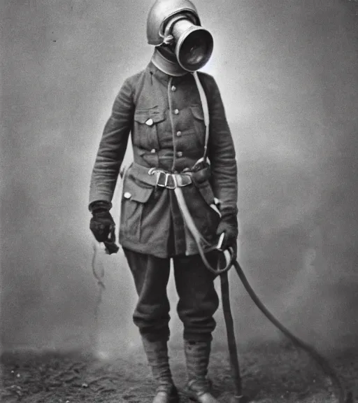 Image similar to person wearing gas mask with hose,ww1 photo, high detail, high resolution