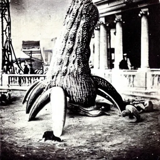 Image similar to giant octupus performing on a circus, 1 9 2 0, vintage photography, colored, realistic