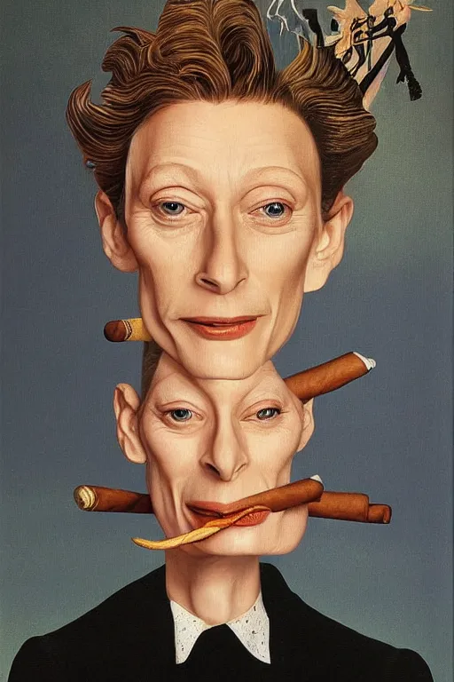 Prompt: symmetry!! photorealistic caricature of smiling tilda swinton as assumpta corpuscularia lapislazulina smoking a cuban cigar by salvador dali, oil painting, detailed, centered