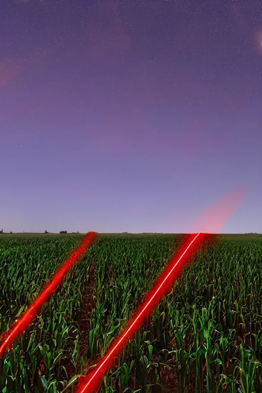 Image similar to Three giant glowing red beacons made out of light in the center of a corn field blasting off into space, 8K UHD